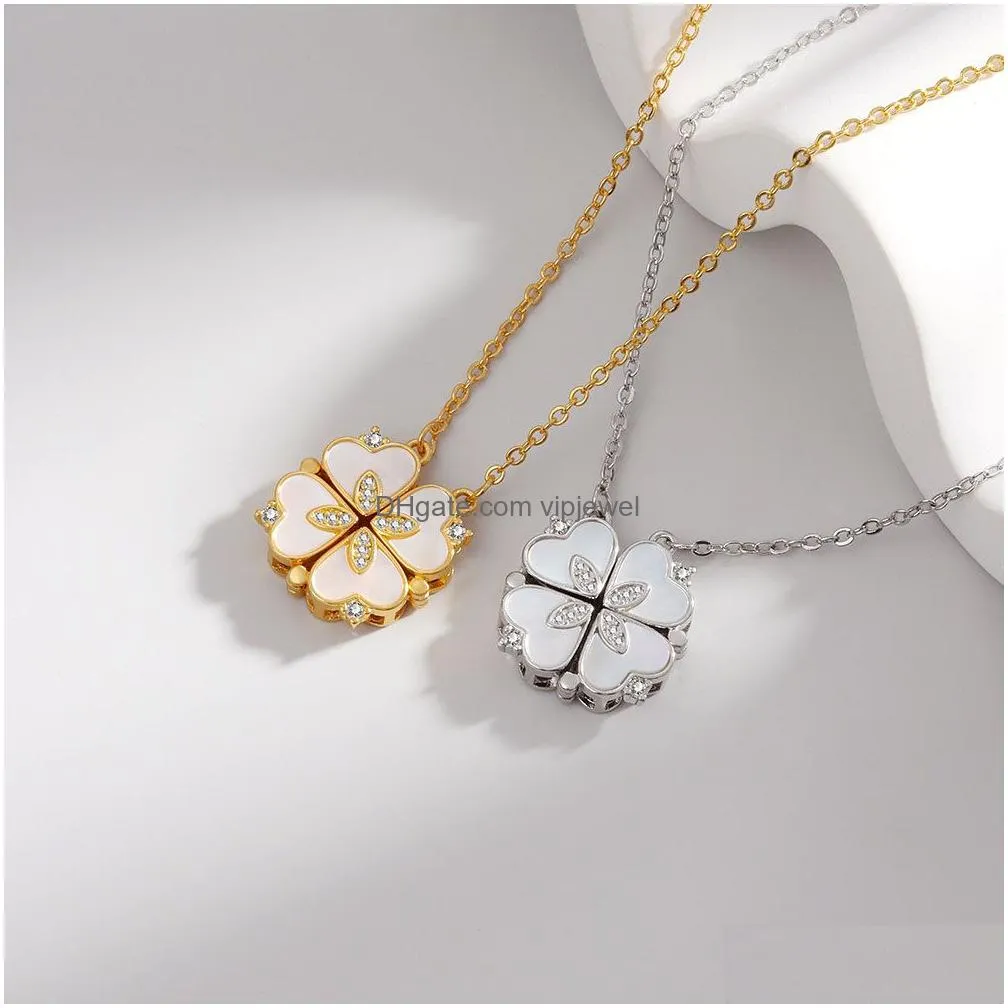 foldable korea gold plated pendant creative diamond jewelry 100% 925 sterling silver four leaf clover necklace for women girls