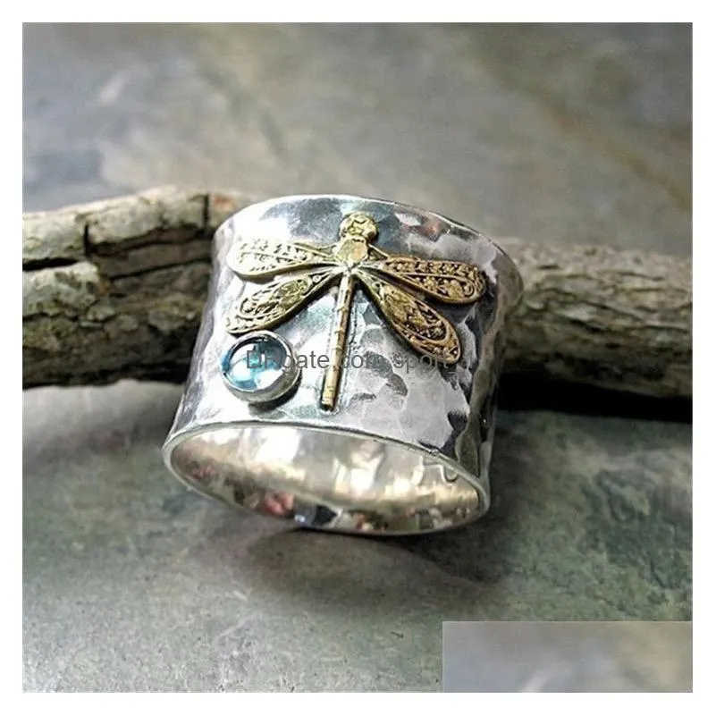 vintage big dragonfly womens rings with side stones fashion lake blue crystal promise wedding ring female engagement jewelry finger