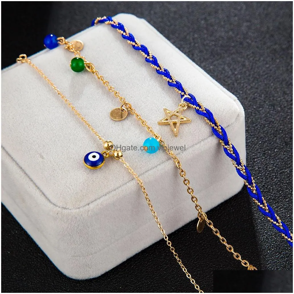 bohemian gold shell evil eye charms identification bracelets summer beach multi layer anklets jewelry for women gilrs