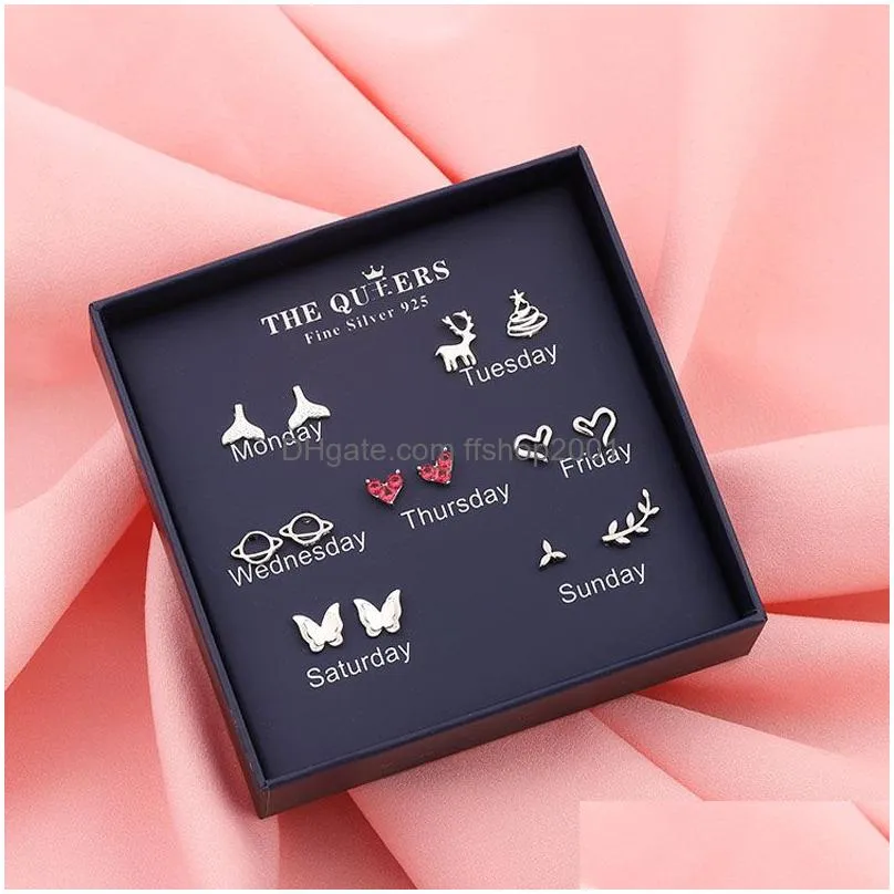 7 pair 925 silver stud earrings womens heart star snowflake flower one week minimalist earrings set with jewelry box