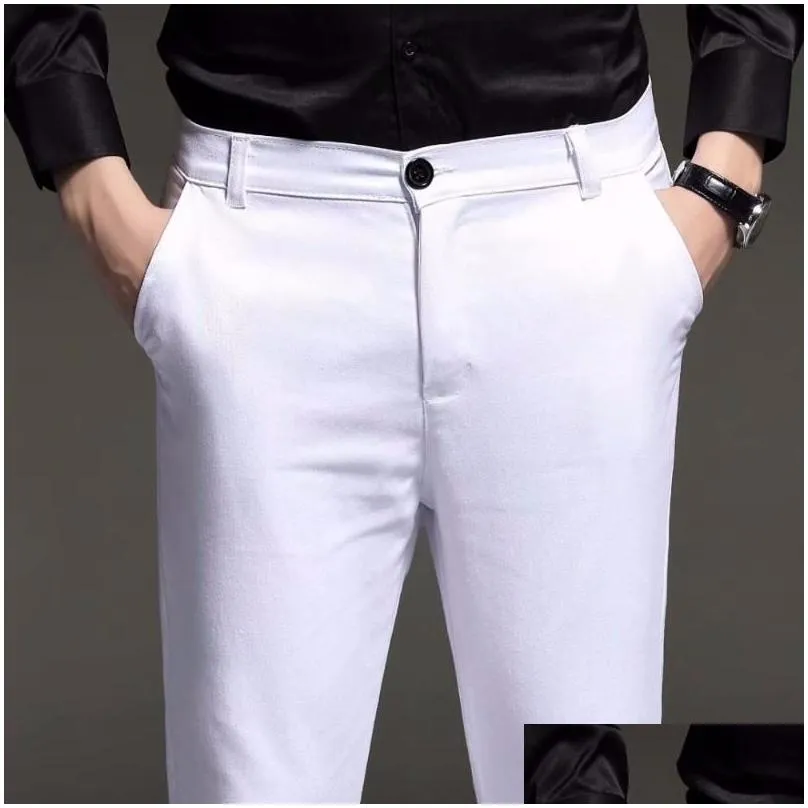 mens slim fit business dress pants ankle length summer formal suit trousers black white blue