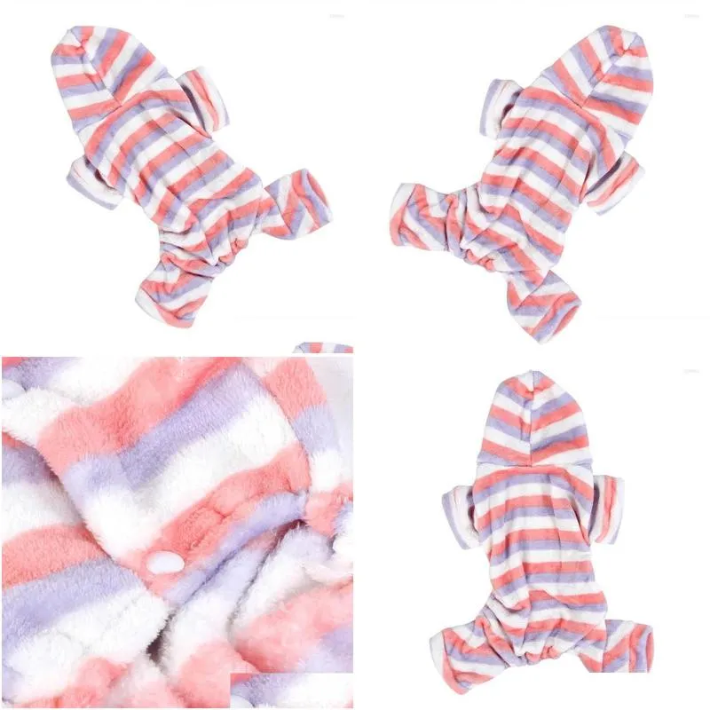 dog apparel pet cat coral fleece cute clothes nightclothes keep warming hooded design for autumn and winter stripe pattern