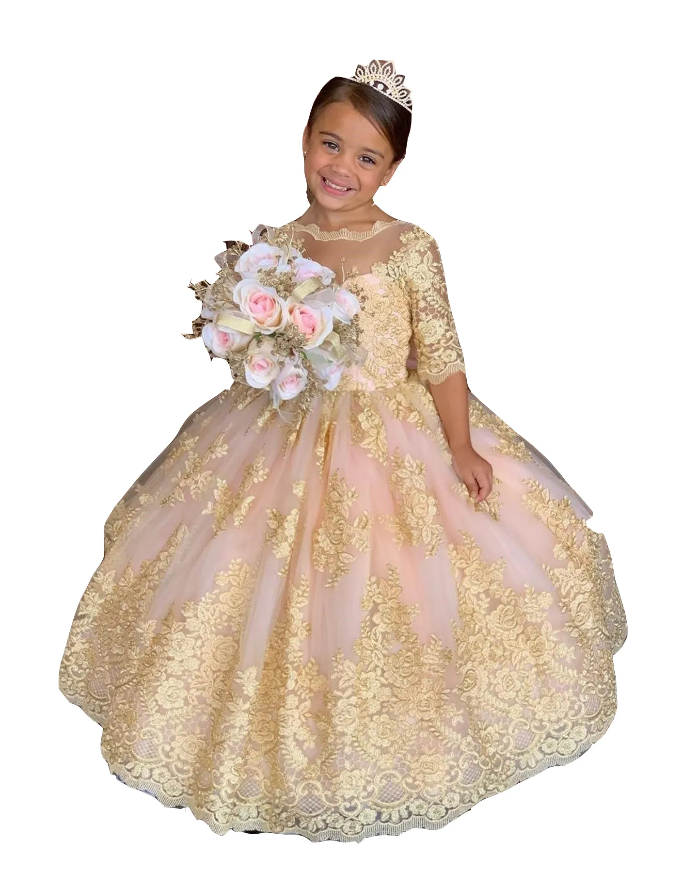 2023 Lovely Ball Gown Flower Girls Dresses Pink Gold Lace Appliques Beads Half Sleeves Kids Birthday Party Dress Flower Child Prom Gown With Bow