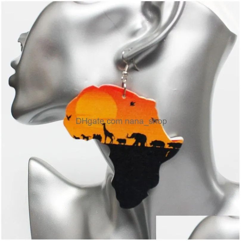Printing African Scenery Colorful Eardrop Afro Wooden Dangle Earrings Wood Map Charm Hoop Earring For Women Lady Jewelry