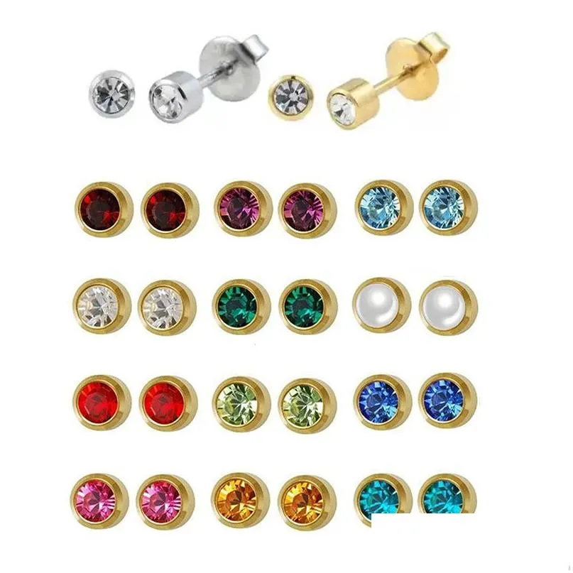 12 pairs stainless steel birthstone stud 4mm mix colors crystal diamond stud earrings set for women girls