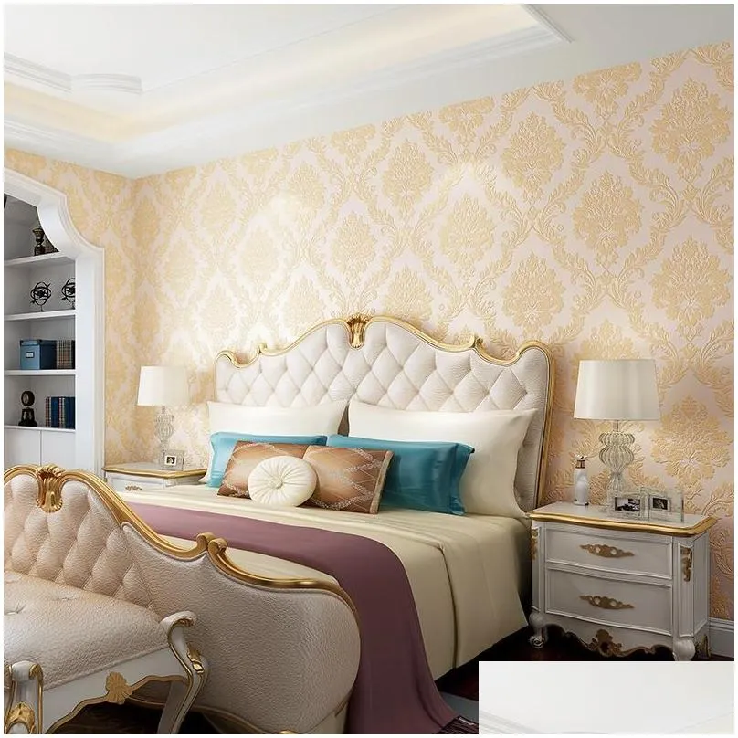 wallpapers luxury blue damask 3d stereoscopic embossed wallpaper non woven wall paper roll bedroom living room cover beige allcovering
