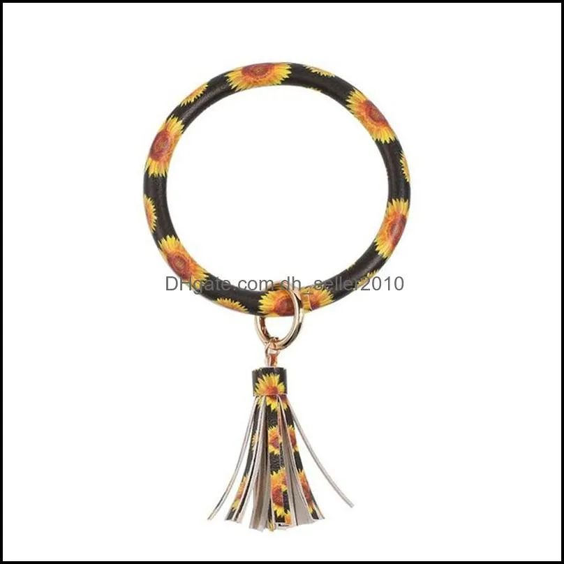 Creative PU Leather Bracelet Keychain round Piece Drop Oil Tassel Pendant Leather Bracelet