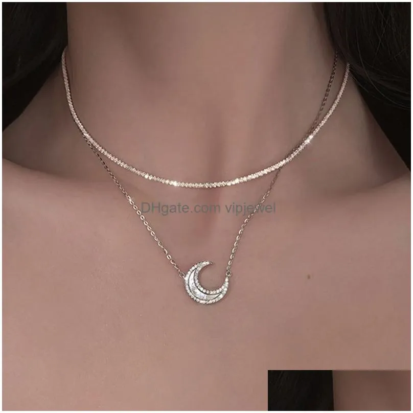 european fashion moon necklace bling chain two in one stackable crescent pendant necklaces for women female birth year jewelry