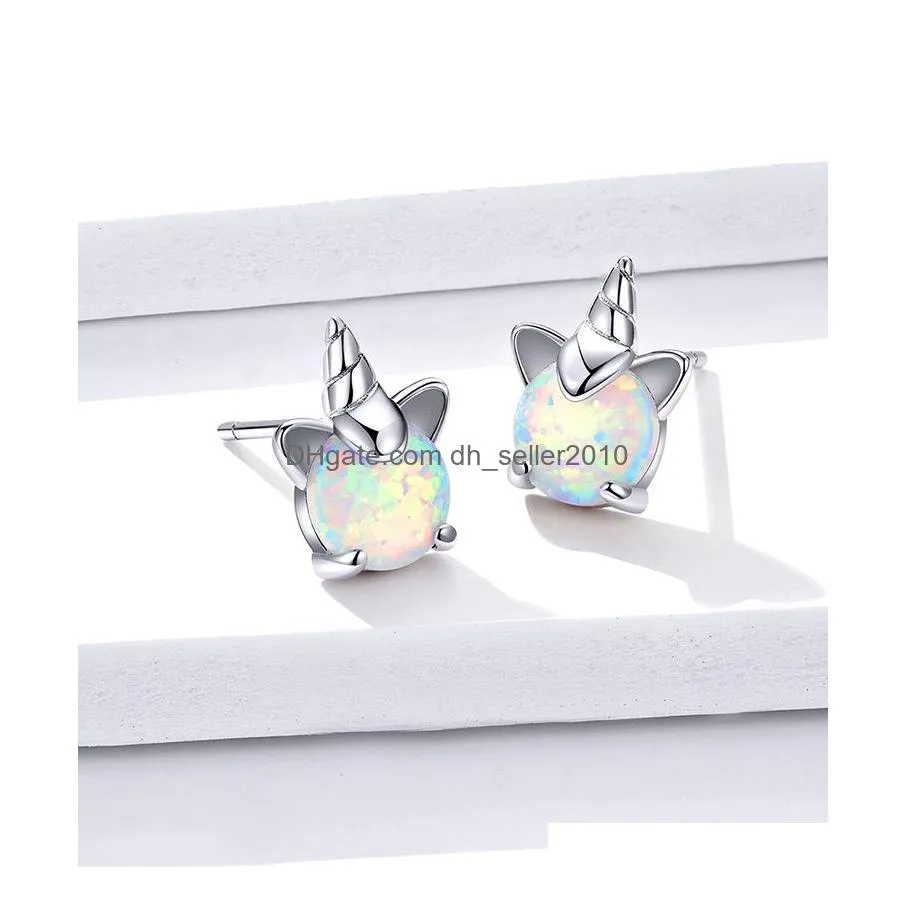 10mm 925 Silver Stud Earrings Cute Cat Unicorn Star Blue Opal Earring For Women Girls Original Gold Jewelry