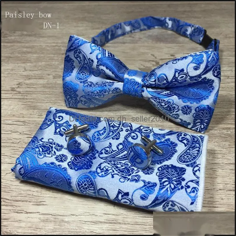 New Design Self Bow Tie and Hanky & Cufflinks Set Silk Jacquard Woven Men Butterfly BowTie Pocket Square Handkerchief Suit Wedding 200