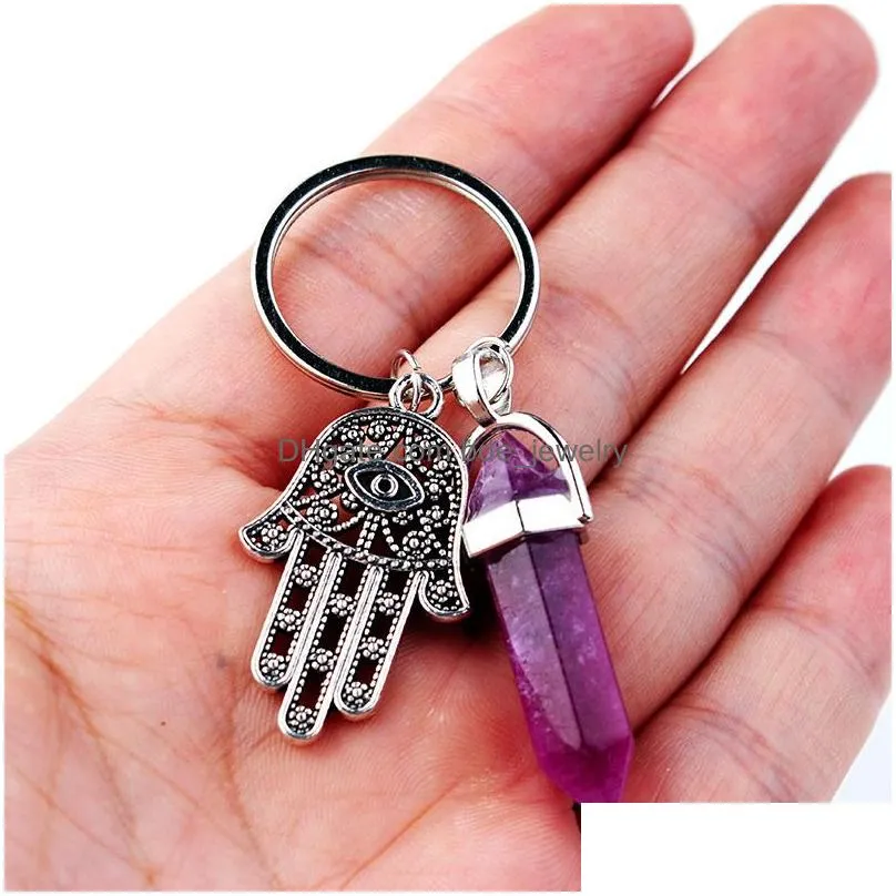 keyring jewelry healing crystals amethyst rose quartz bead chakra healing point women men natural stone fatima hamsa keychain