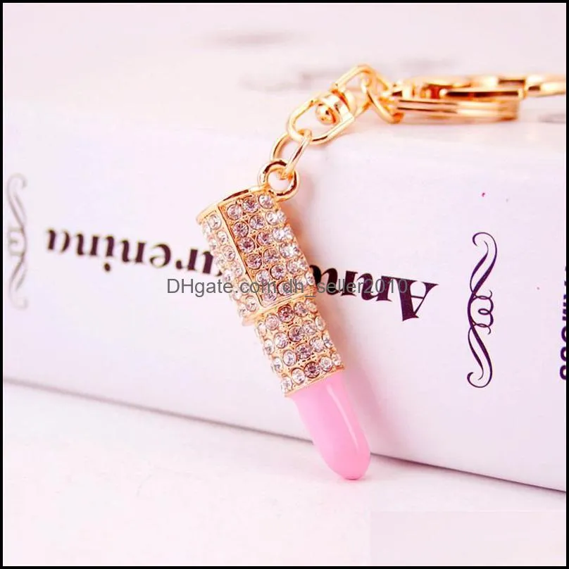 Charm Crystal Keychain Lipstick Key Holder Rhinestone Keyring Red Rose Pendant Car Ornament Accessories 5 styles 481 T2