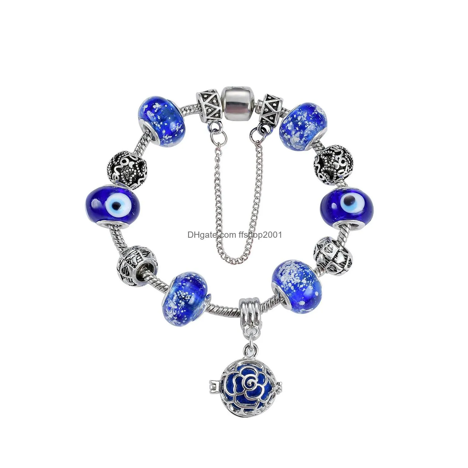 antique silver plated charm bracelets european big hole evil eye charms glass beads perfume locket dangle charms for women girls