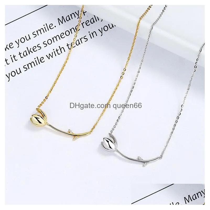 Flower Choker Necklace 100% 925 Silver Tulips Necklaces for Women Elegant Pendants Lead and Nickel Free