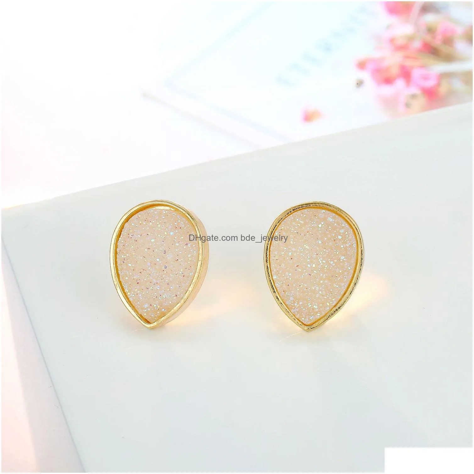 american european fashion womens simple gold plated waterdrop drusy earring 15mm handmade druzy trendy jewelry resin stone stud