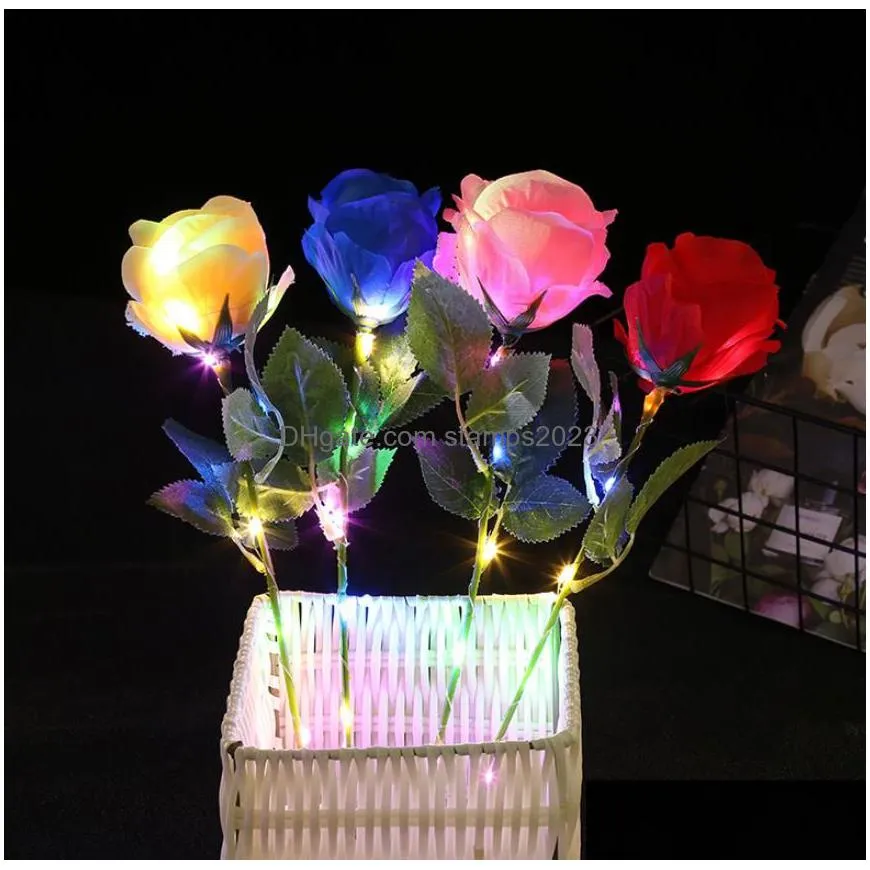 glowing artificial roses flowers party decoration led light up long stem fake silk rose for diy wedding bouquet table centerpiece home atmosphere