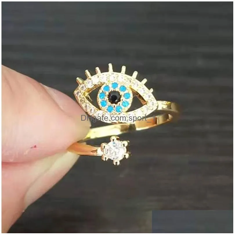 lucky turkish blue evil eye rings with sde stones open adjustable finger wedding ring for women trendy jewelry wholesale