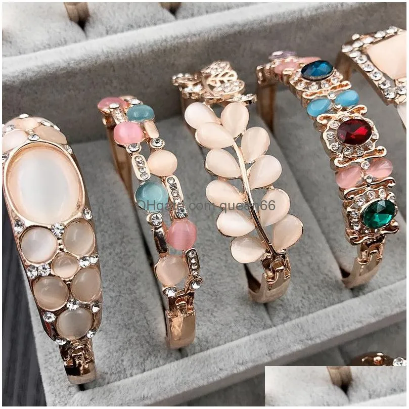 Korean Fashion Quality Cuff Bracelet Cat Eye Rhinestone Charm Bangle Bracelet Rose Gold Silver Mix Different Styles Jewelry Wholesale