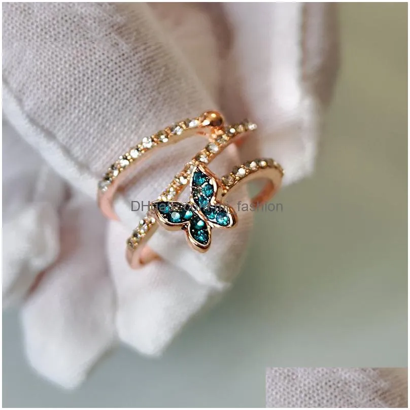 Women Luxury Butterfly Shaped Finger Rings with Side Stones Korean Version Rose Gold Color Twist Knucle Ring Jewelry