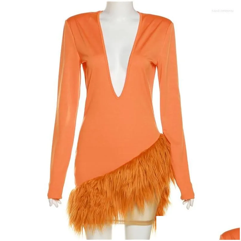 sexy bodycon dress orange faux fur hem deep v long sleeve dresses for women autumn winter birthday party clubwear