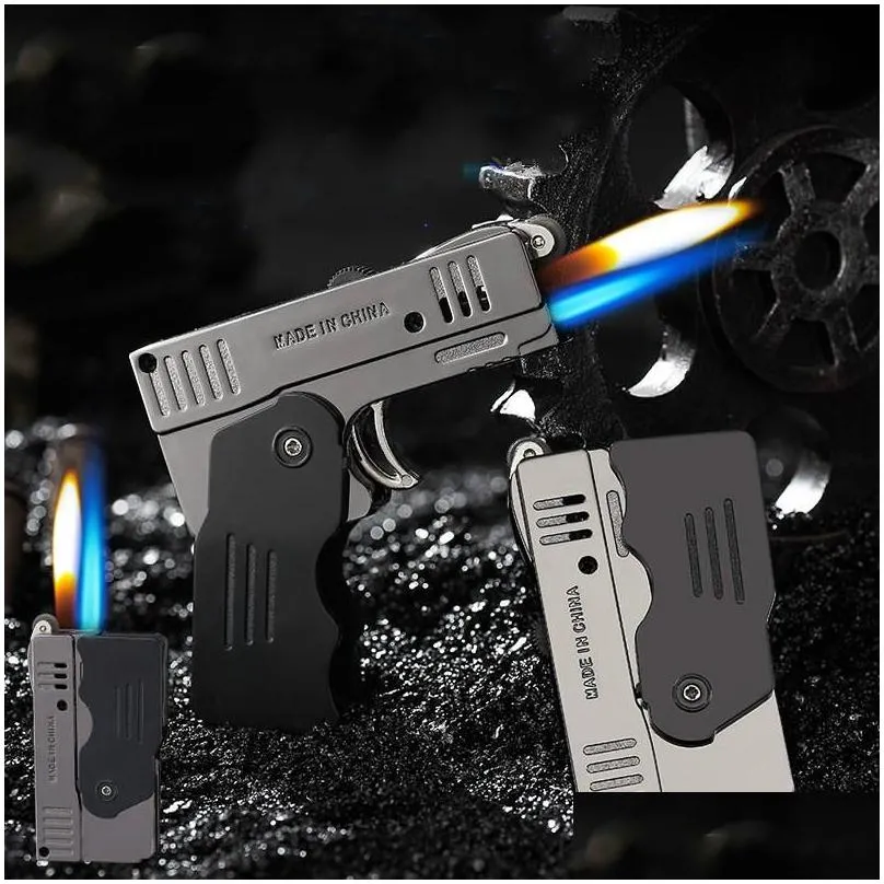 Novelty Butane Gas Torch Lighter Double Fire Deformation Pistol Free Fire  Windproof Cigarette Flint Grinding Wheel Lighter Gadgets