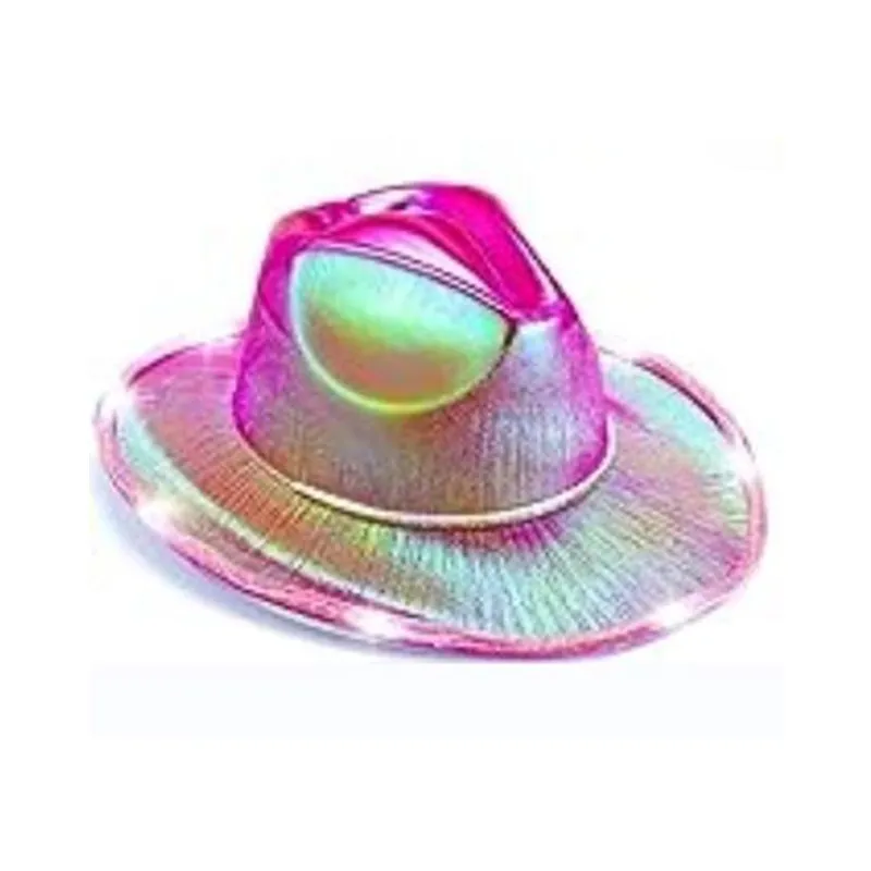 LED White Light Up Hats Neon Cowgirl Hat Holographic Rave Fluorescent Hats With Adjustable Windproof Cord For Halloween Costume Accessories