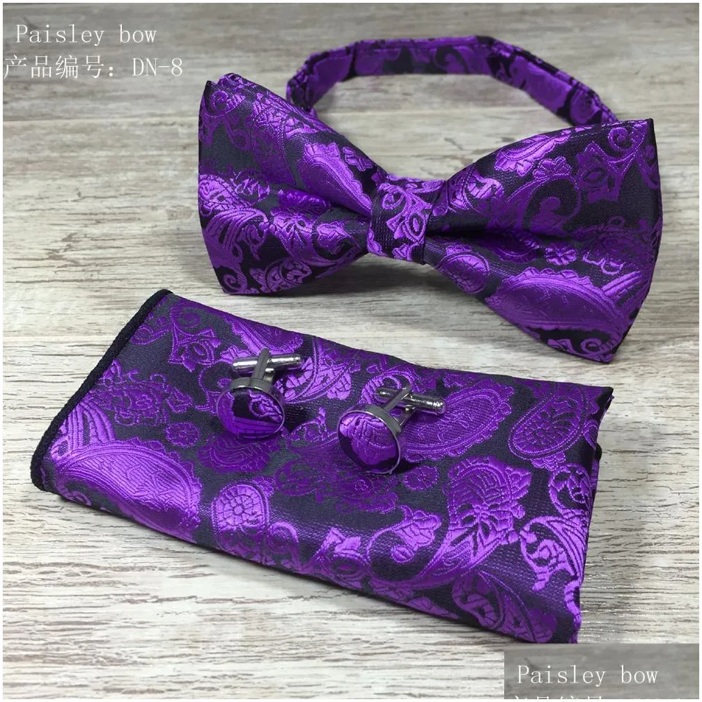 Paisley Bow Tie Set ie And Hanky & Cufflinks Silk Jacquard Men Butterfly BowTie Pocket Square Handkerchief Suit Wedding