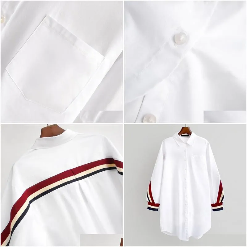 womens blouses shirts 2021 white loose button up stripe bandage women turn-down collar woven long sleeve plus size ladies tops