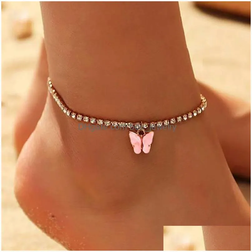 korean fashion butterfly anklets rhinestone crystal foot bracelet boho beach sweet acrylic anklet for women girls