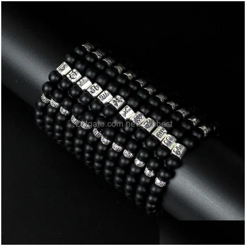 New Fashion the Zodiac Charms Matte Blackstone Bead Identification Bracelet Men Womens Constellation Bracelet Handemade Jewelry