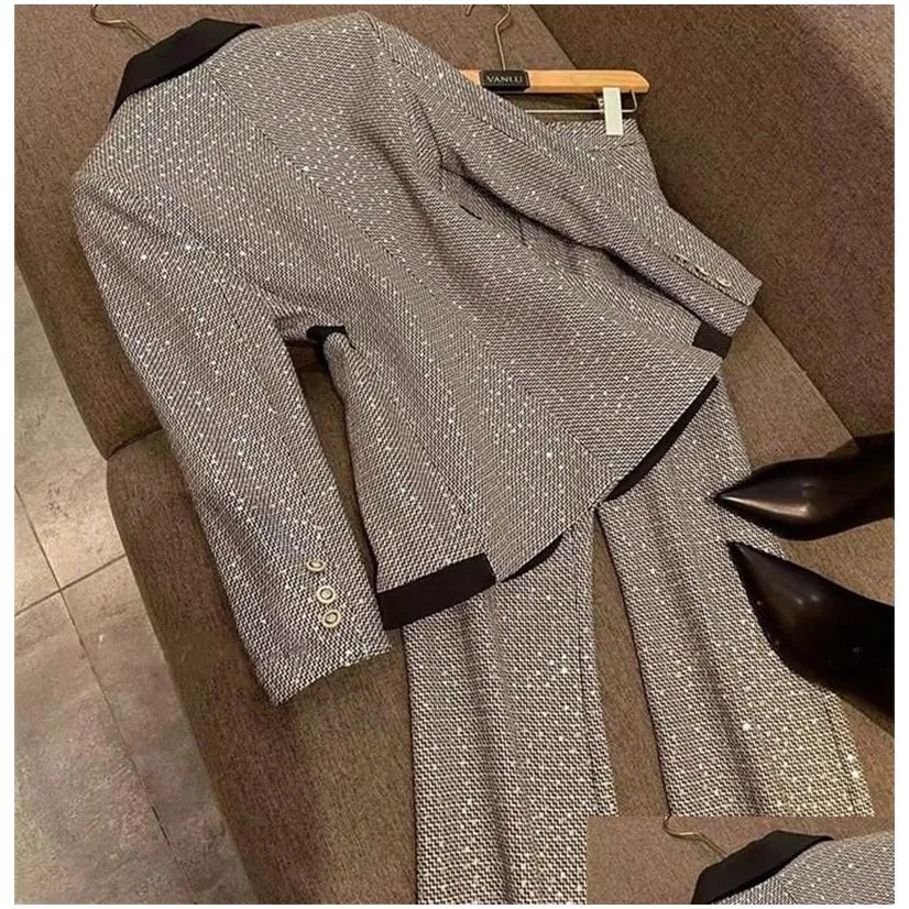 Women`s Two Piece Pants 2pcs V-Neck Bling Sequins Matching Outfits Women Lady Office Business Uniform Blazer Flared Suit Set Work Wear