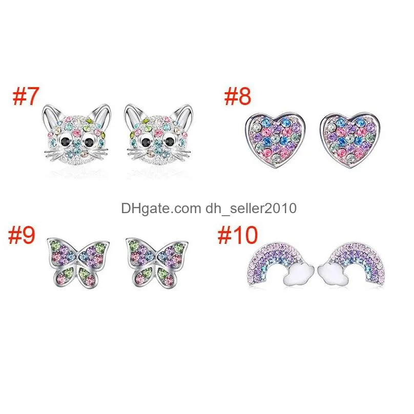 Unicorn Stud Earrings 925 Silver Multi Color Rhinestone Small Heart Cat Rainbow Earring For Women Wedding Fashion Jewelry Gifts