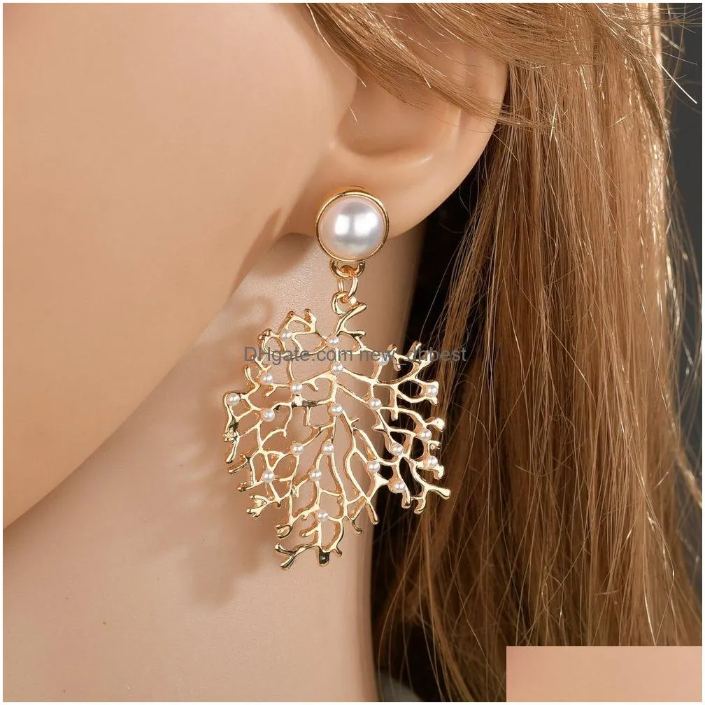 Hot Selling Womens 18K Gold Star Coral Charms Stud Earring High Quality Pearl Rhinestone Luxury Jewelry Gifts