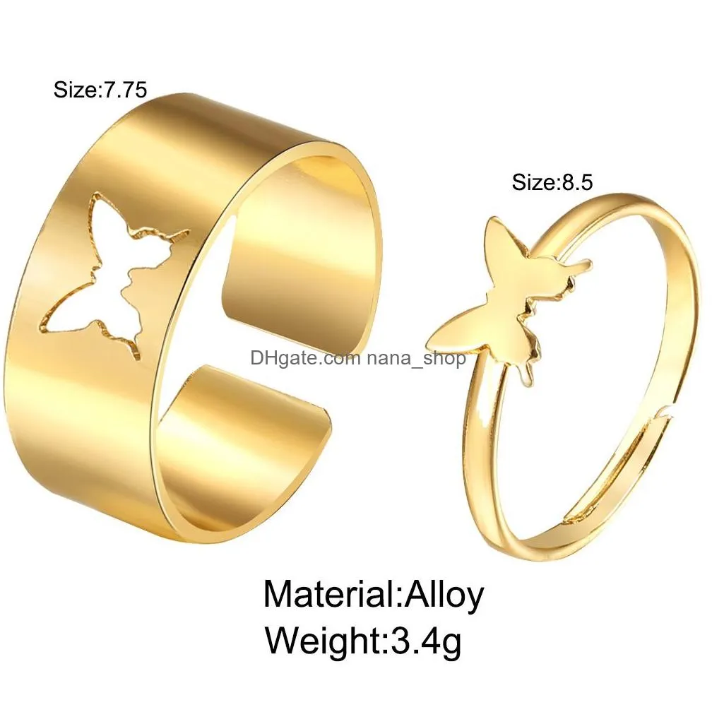 Fashion Butterfly Wide Band Ring Friendship Jewelry Gift Men Women`s Silver Gold Color Personality Adjustable Couple Rings