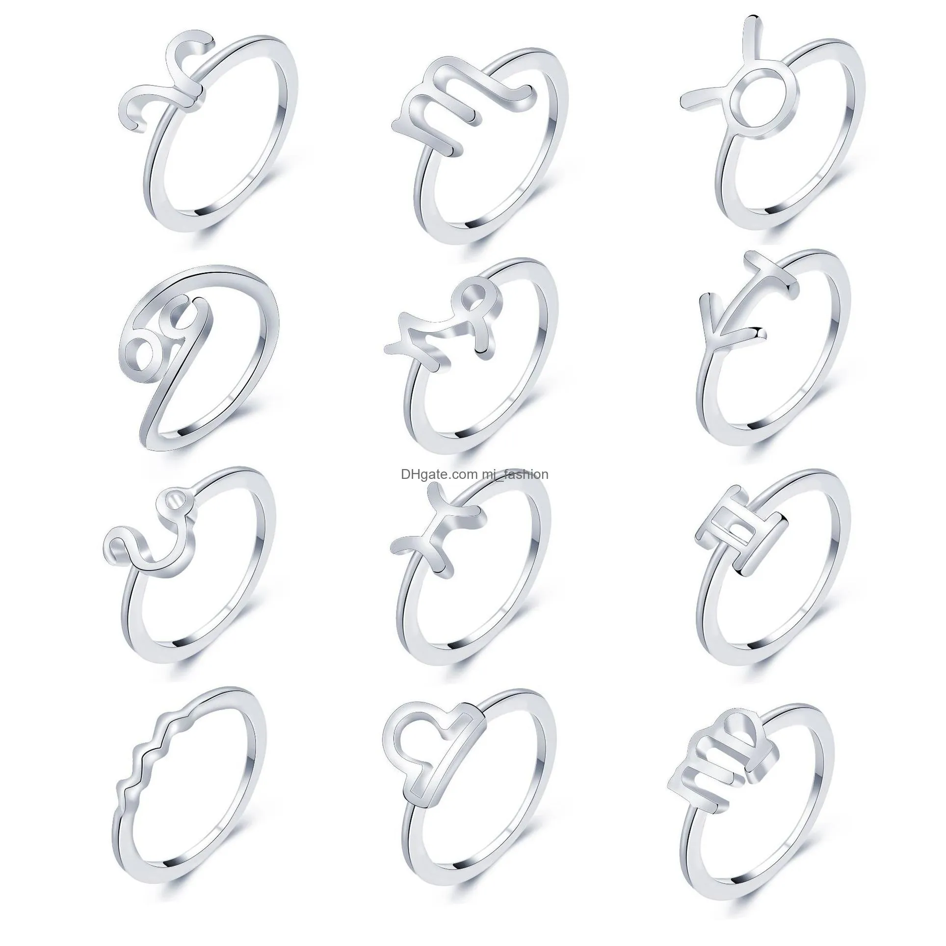 Vintage 12 Constellations Rings For Women Silver Finger Couple Ring Set Anillos Female Statement Fashion Zodiac Jewelry 12pcs/set