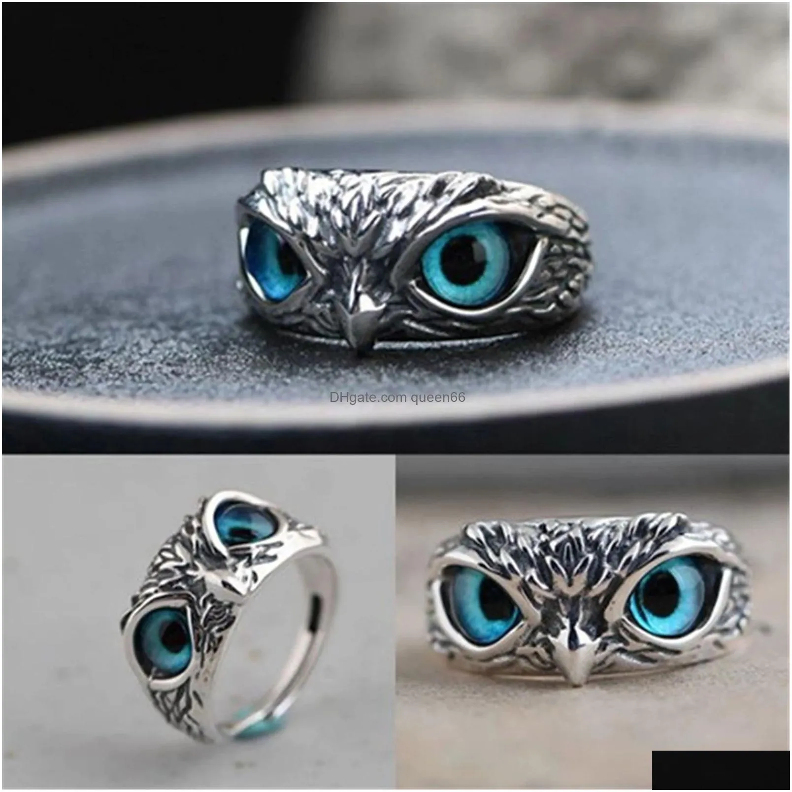 Retro Blue Eye Owl Adjustable Silver Rings With Side Stones Cute Men and Women Simple Design Animal Ring jewelry wholesale