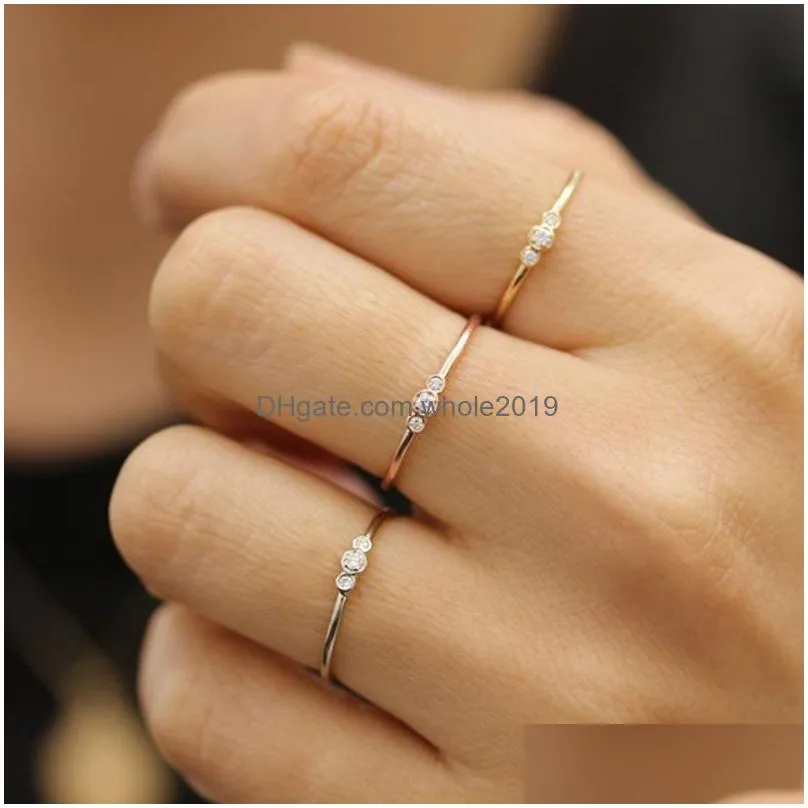 Dainty 18k Gold Plated Three Stones Bezel Set Diamond Ring Stacking Ring for Women