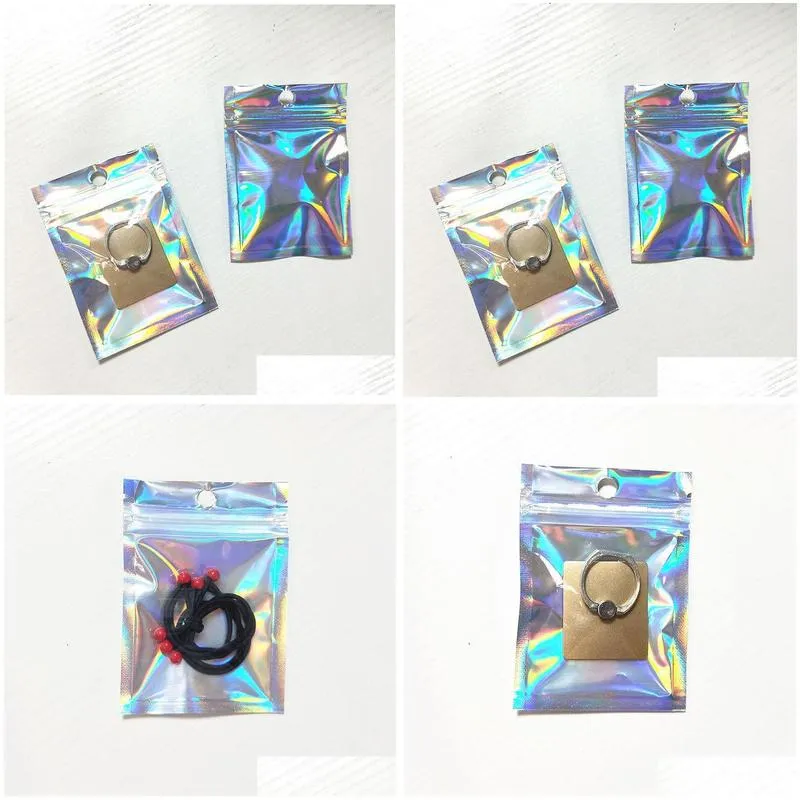 wholesale 7x10cm Small Gift Hologram Packaging Plastic Bags with Hanger Hole Flat Bottom Zip Lock Sealing Packing Bags