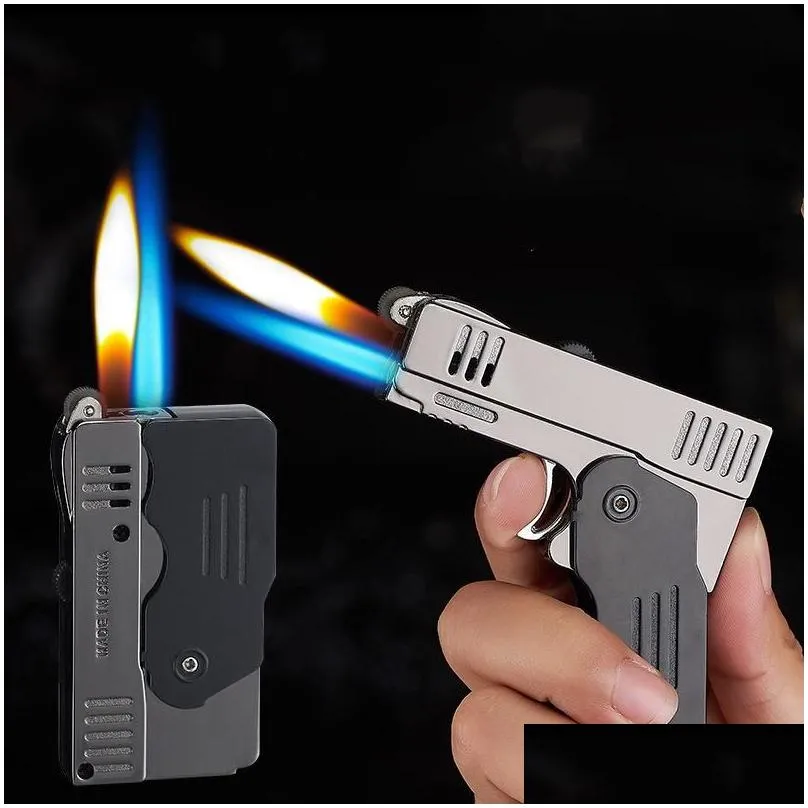 Novelty Butane Gas Torch Lighter Double Fire Deformation Pistol Free Fire  Windproof Cigarette Flint Grinding Wheel Lighter Gadgets