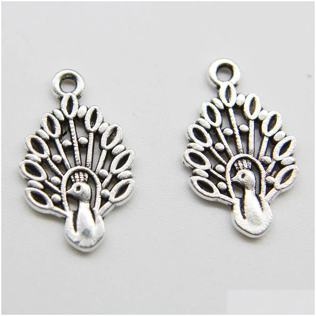 200pcs/Lot Peacock Alloy Charm Pendant Retro Jewelry DIY Keychain Ancient Silver Pendant For Bracelet Earrings 19*12mm