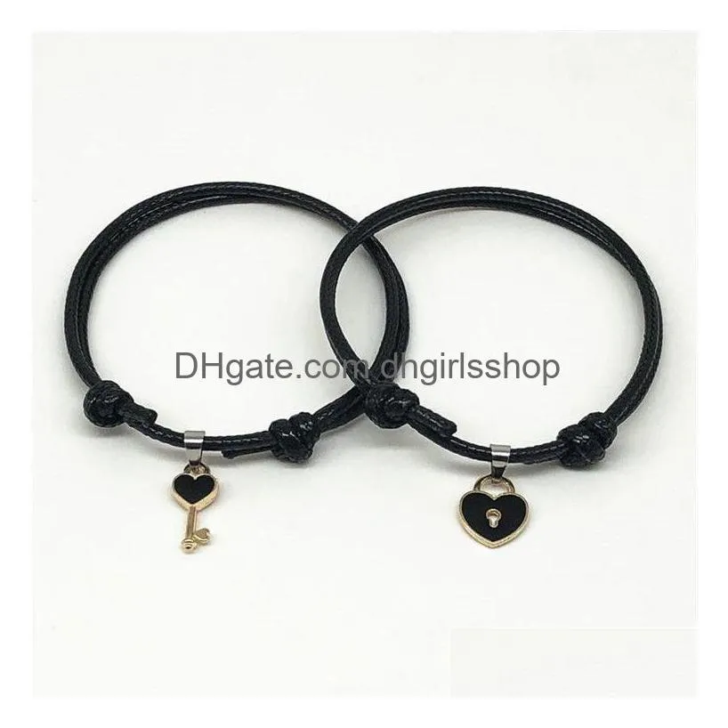 couple trendy bracelet for friend lock key design black color rope bracelet wholesale jewelry 2 pcs set