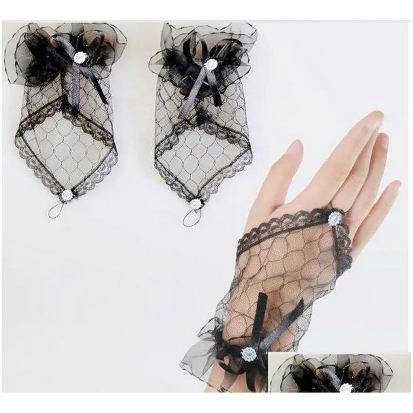 new bride wedding gloves fingerless lace short yarn gloves black bow gloves s20