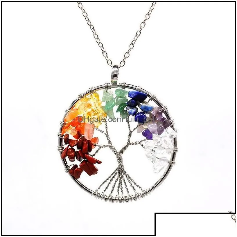 Pendant Necklaces Pendants Jewelry 12Pc / Set Tree Of Life Necklace 7 Chakra Stone Beads Natural Amethyst Sier Chain For Womens Gift 155