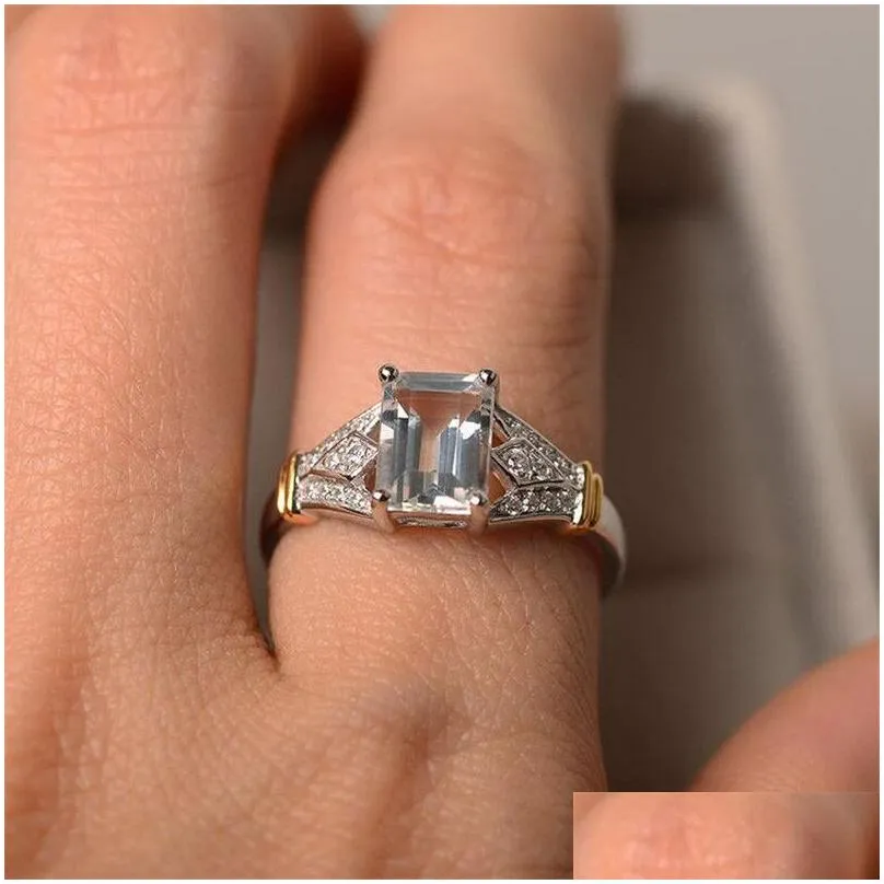 Drop Shipping Fashion Jewelry 925 Silver Fill Princess Cut Multi Gemstones CZ Diamond Women Party Wedding Band Ring For lovers` Gift
