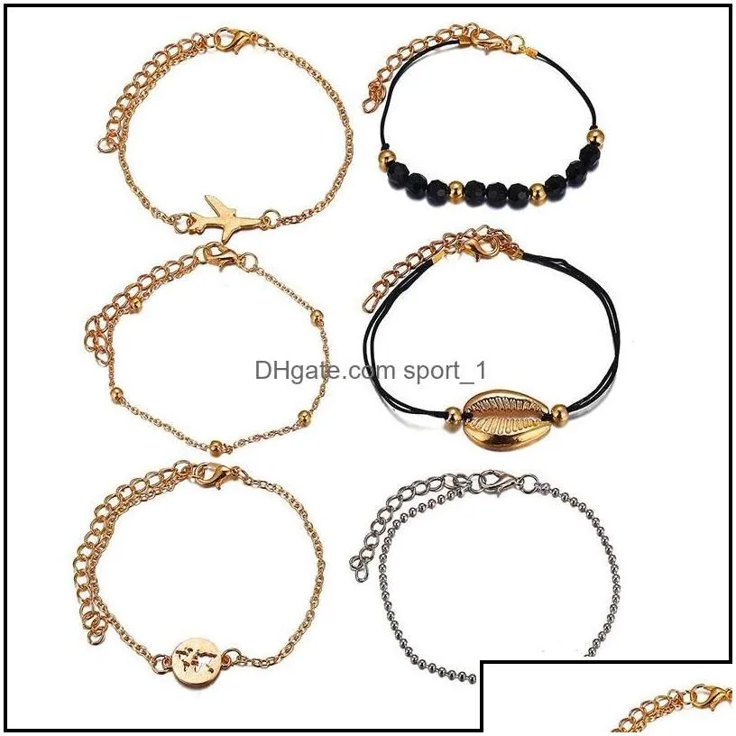 Charm Bracelets 6Pcs/Lot Bohemian Sea Shell Set For Women Gold Aircraft Map Crystal Beads Chains Bangle Female Fashion Boho Drop Del