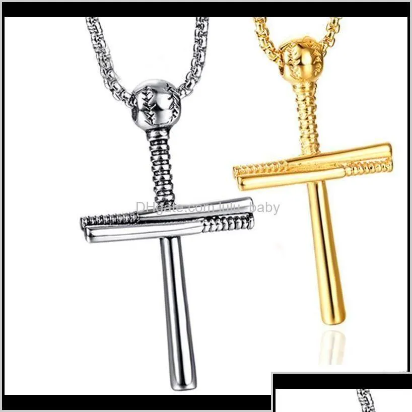 Baseball Player And Stacked Baseballs Bat Cross Pendant Necklace Stainless Steel Faith Male Jewelry Yorgr Chains Dhvma