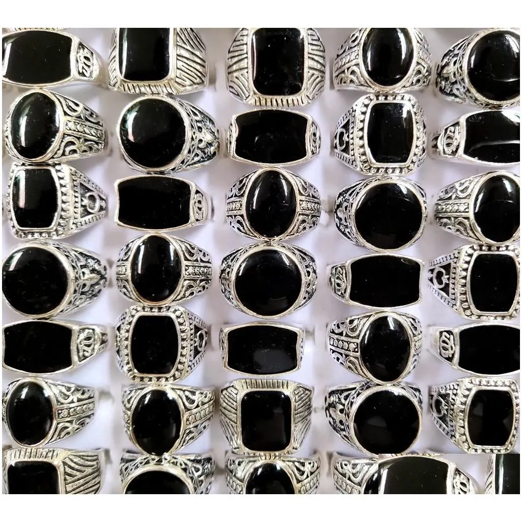 Wholesale lots 30pcs Design Mix Black Enamel Silver Tone Rings For Men Vintage Man Ring Retro Punk Alloy Jewelry Party Gift