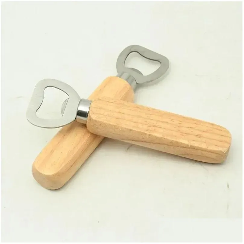 new stainless steel wood handle wine beer bottle openers soda glass cap bottle opener kitchen bar tools fy2730