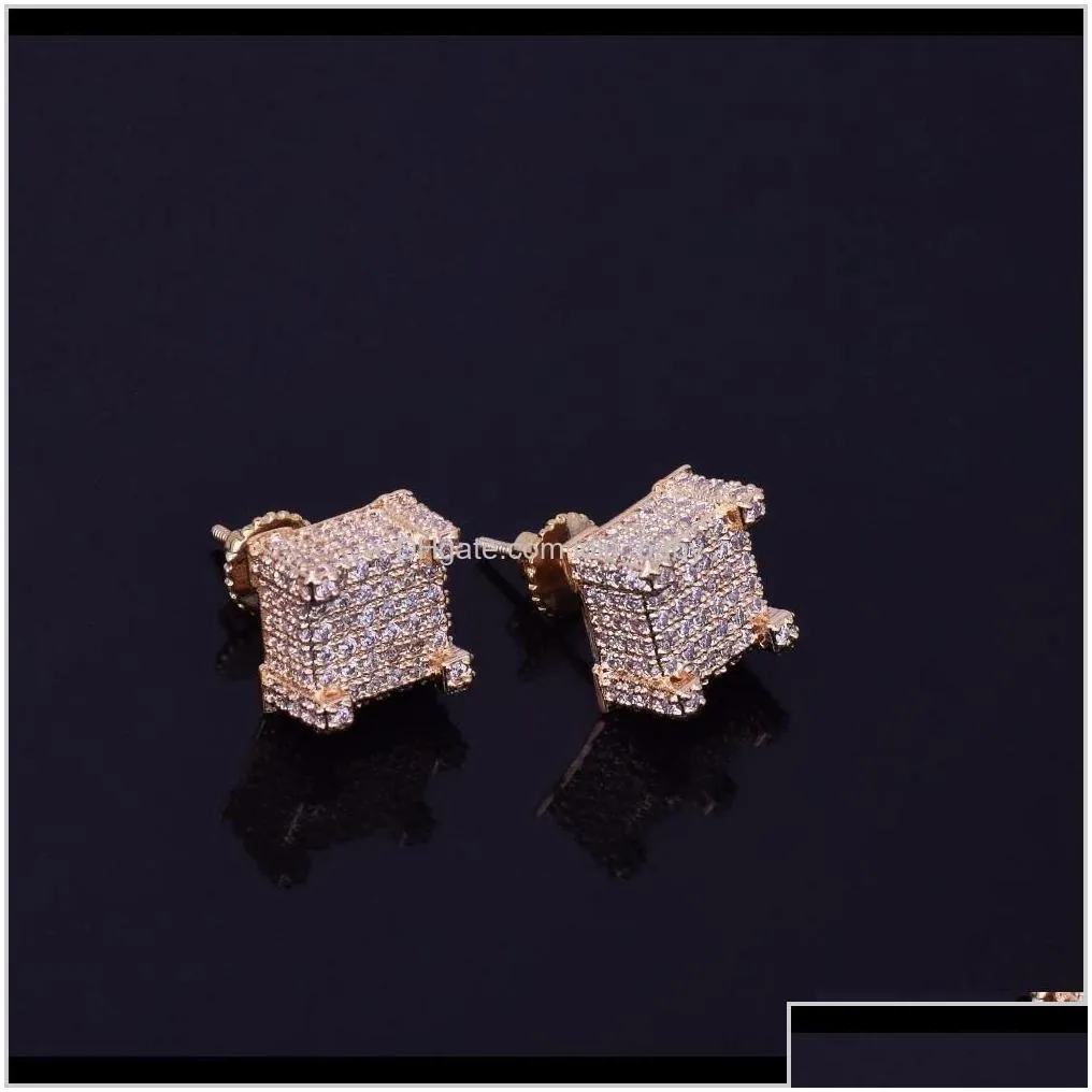 Stud 10X10Mm Mens Zircon Earring Hip Hop Style Copper Material Iced Bling Cz Square Earrings Screwback Fashion Jewelry Sic95 Kjvg5