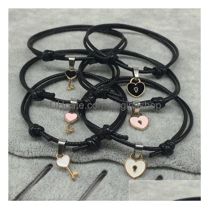 couple trendy bracelet for friend lock key design black color rope bracelet wholesale jewelry 2 pcs set